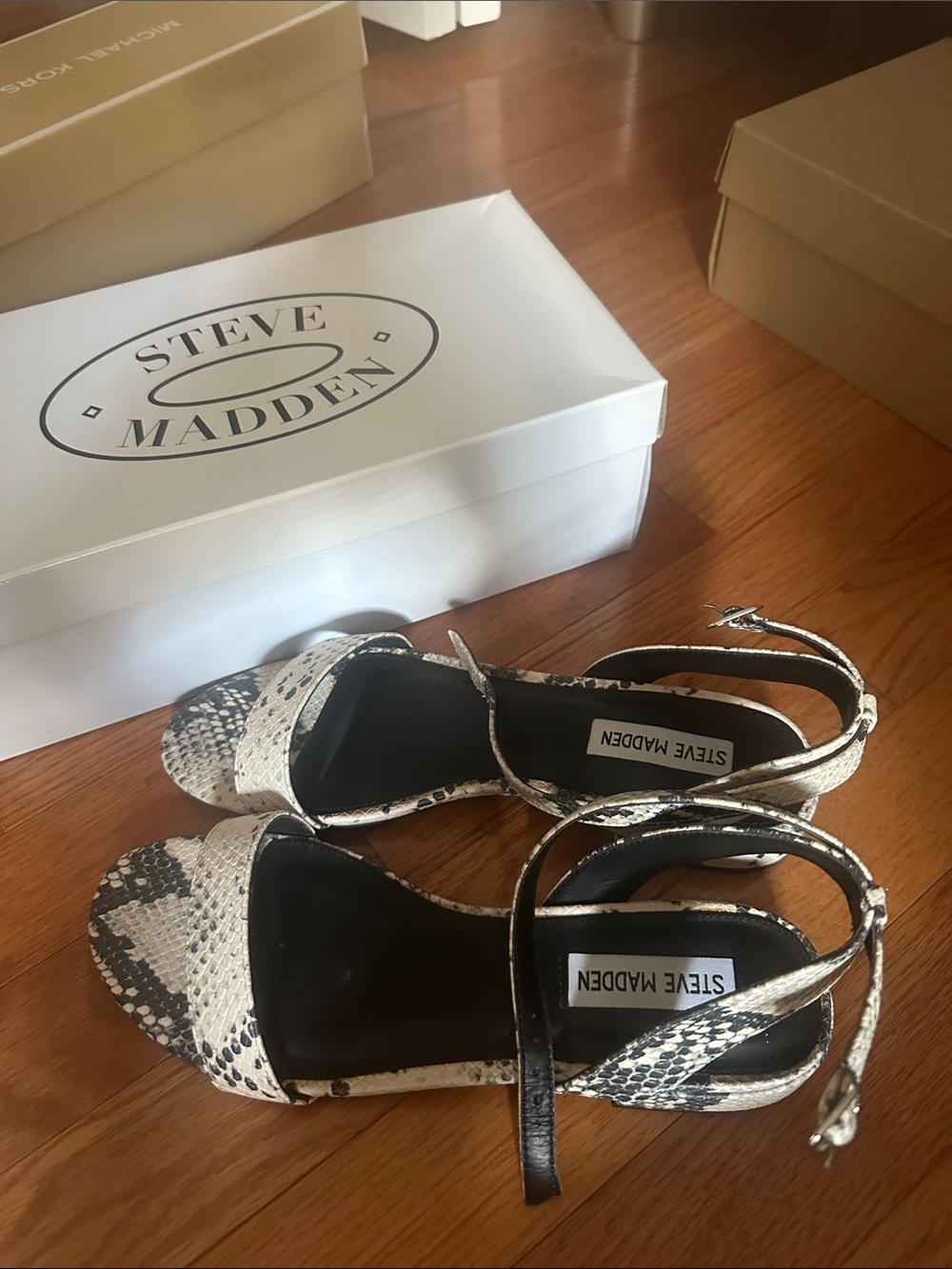 Steve Madden Snake-Print Ankle Strap Sandals in Black & White